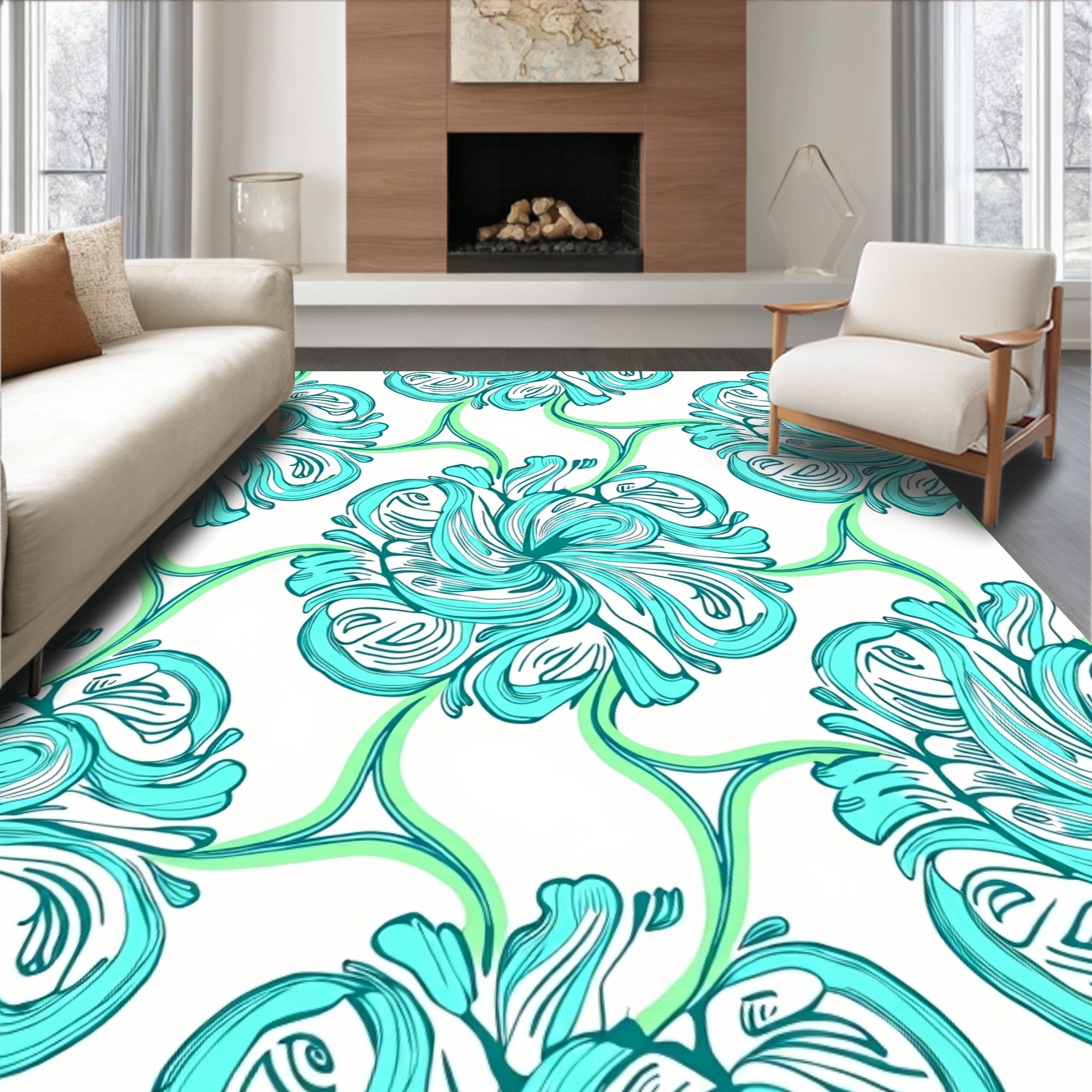 Turquoise Swirl Floral Pattern Design Rug