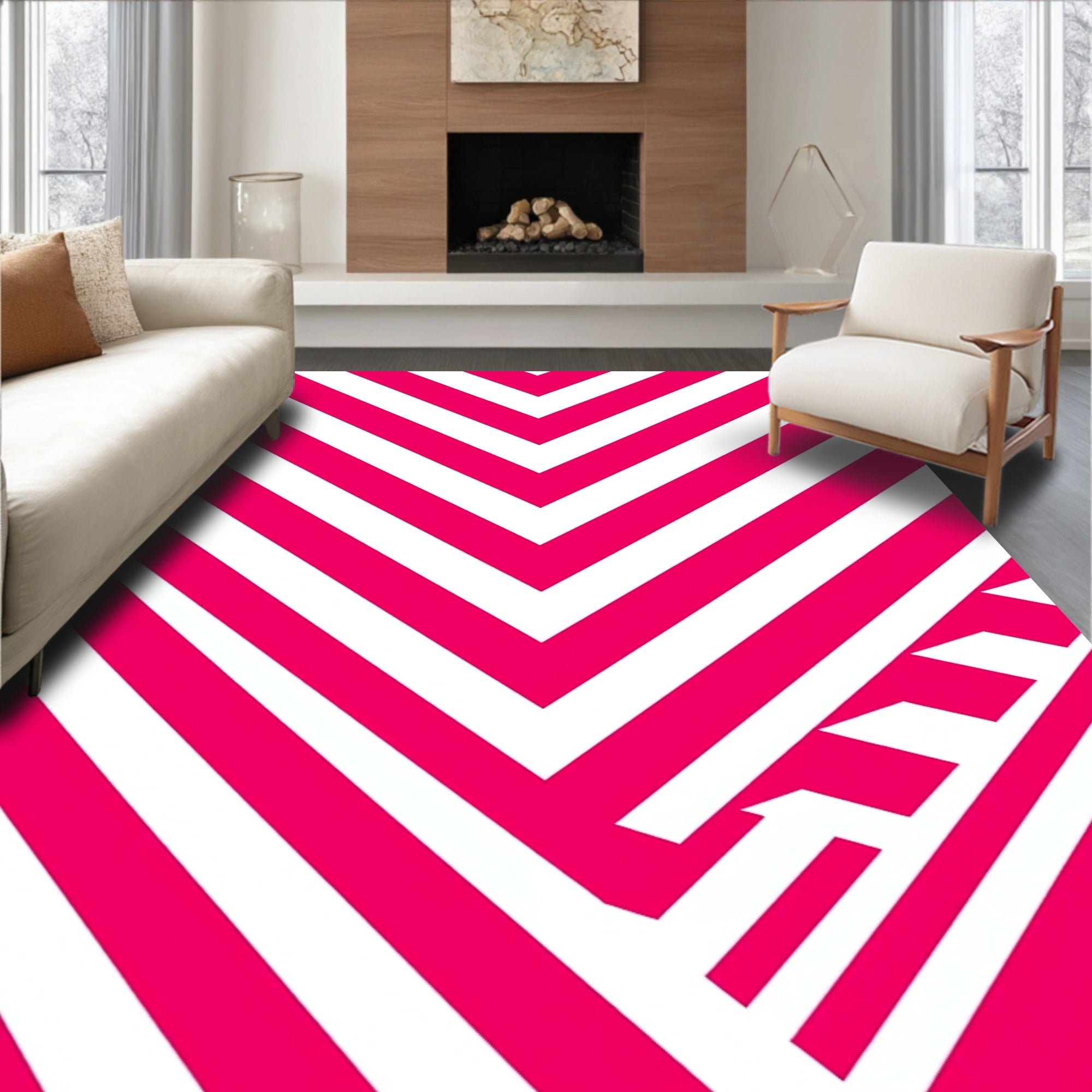 Bold Pink White Chevron Pattern Rug