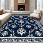 Traditional damask patterned navy Rug