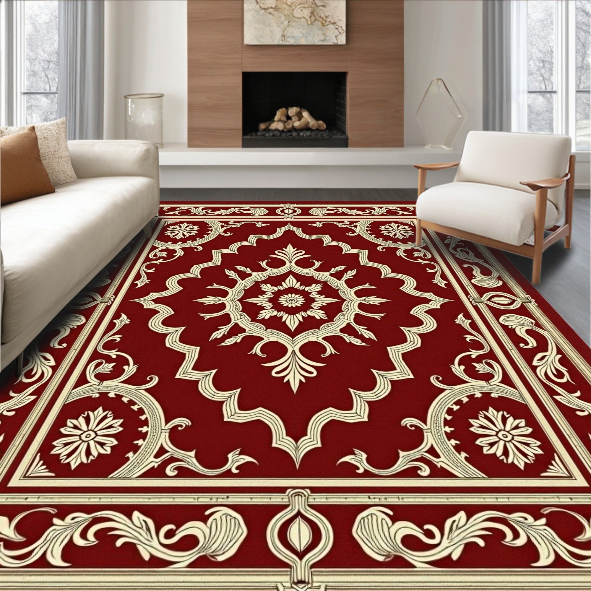 Crimson Floral Medallion Frame Rug