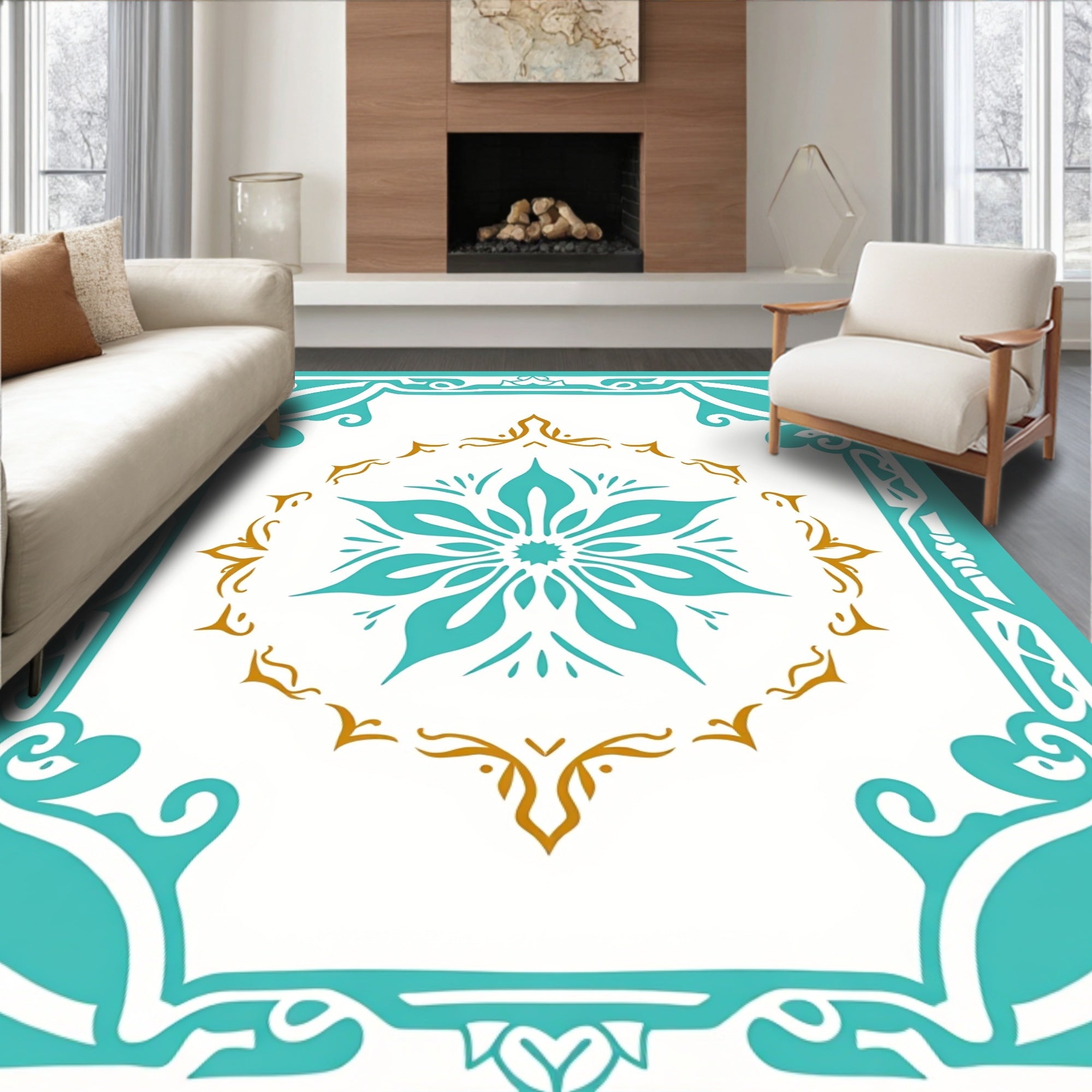 Turquoise and Gold Floral Medallion Design Rug