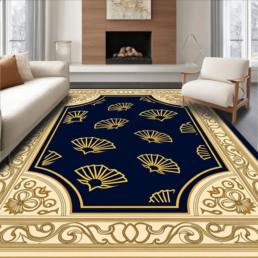 Golden Fans on Navy Traditional Design Rug