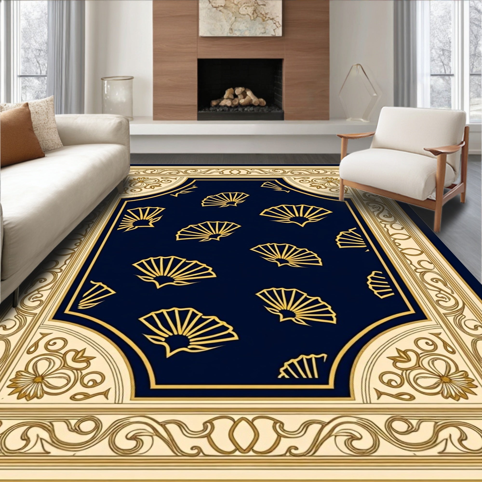 Golden Fans on Navy Traditional Design Rug