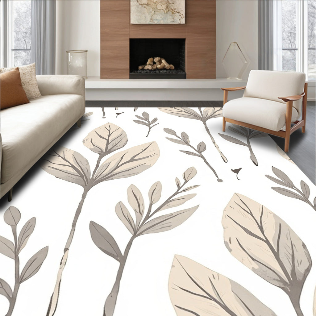 Botanical Leaf Pattern Neutral Tones Rug