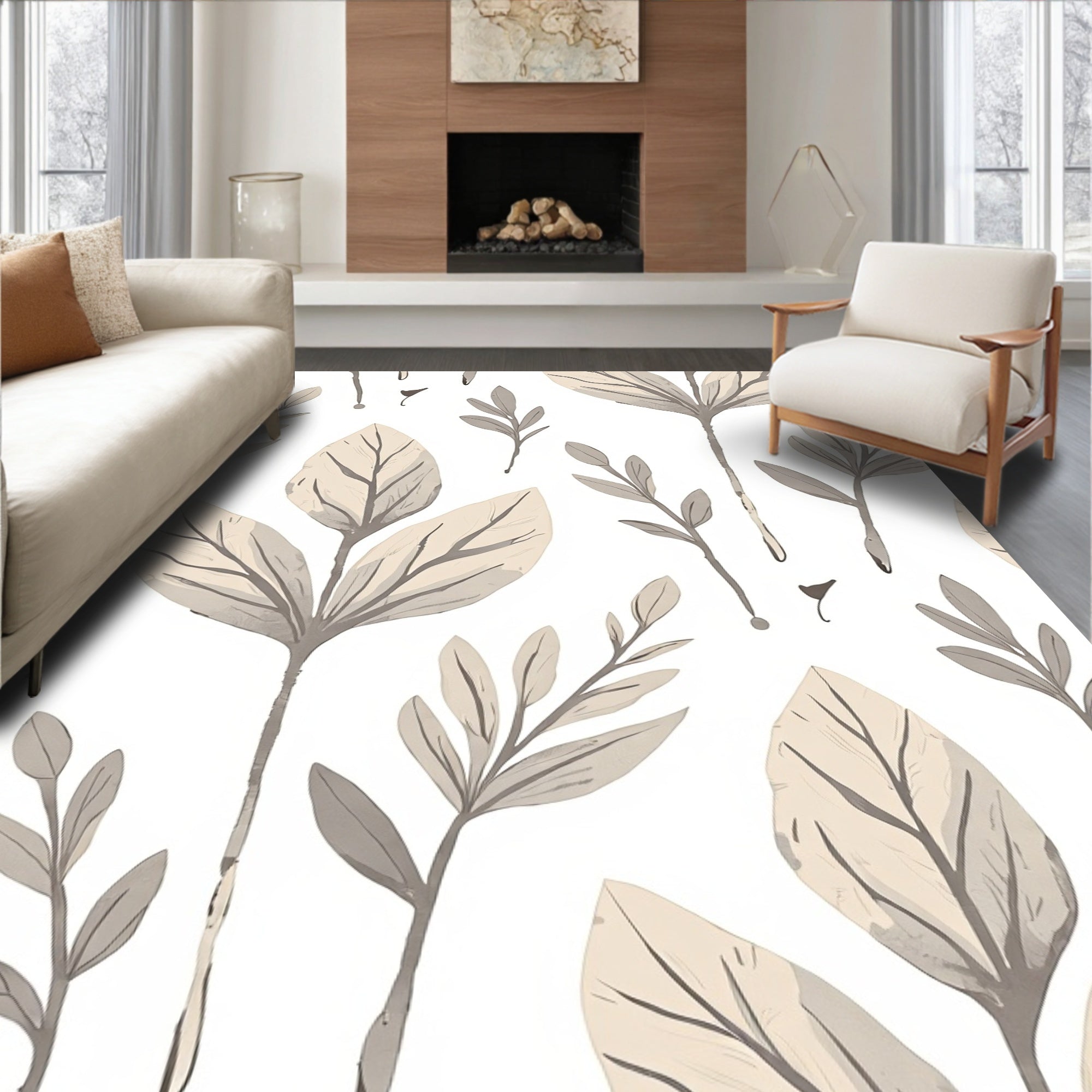 Botanical Leaf Pattern Neutral Tones Rug