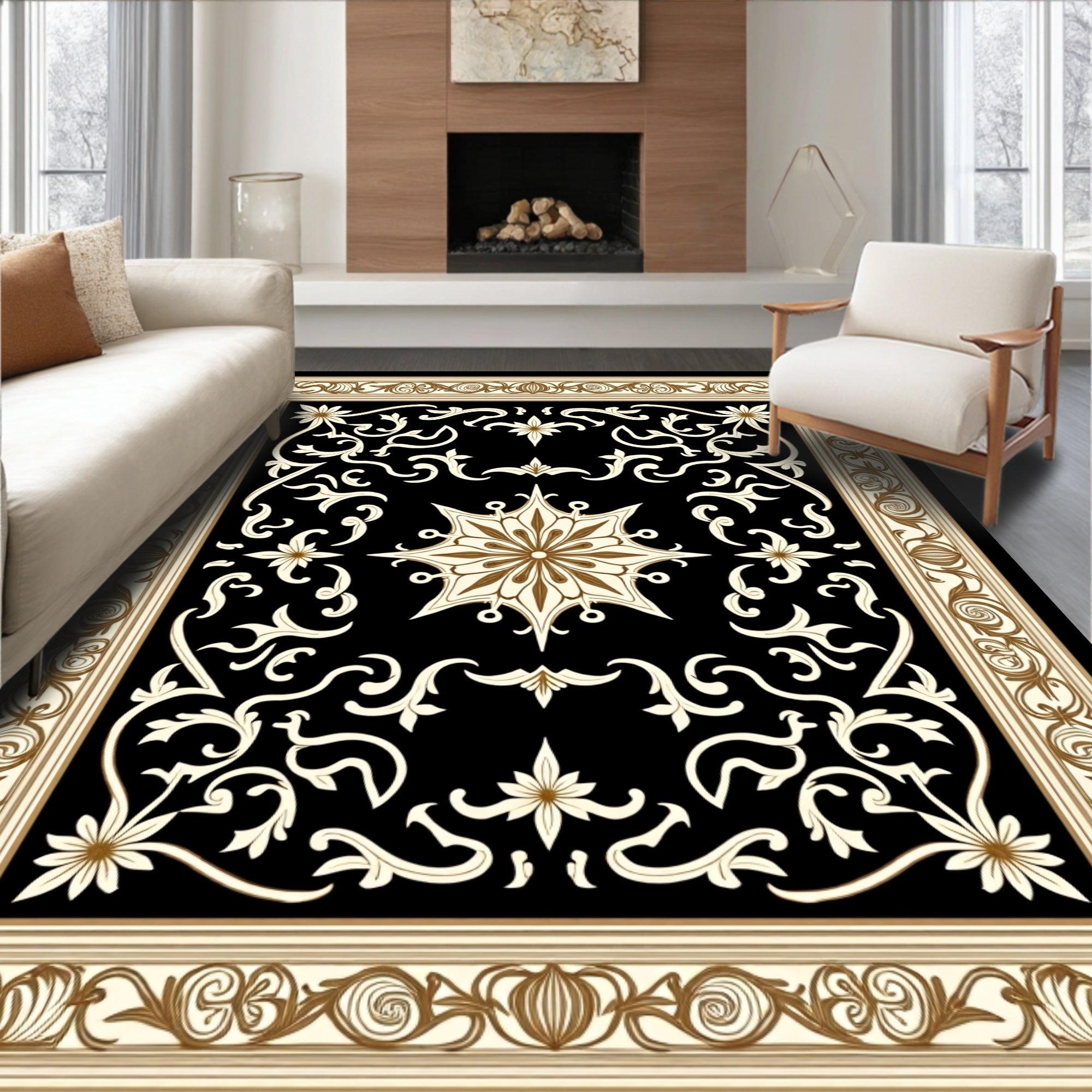 Classic Scrollwork Floral Golden Bordered Rug