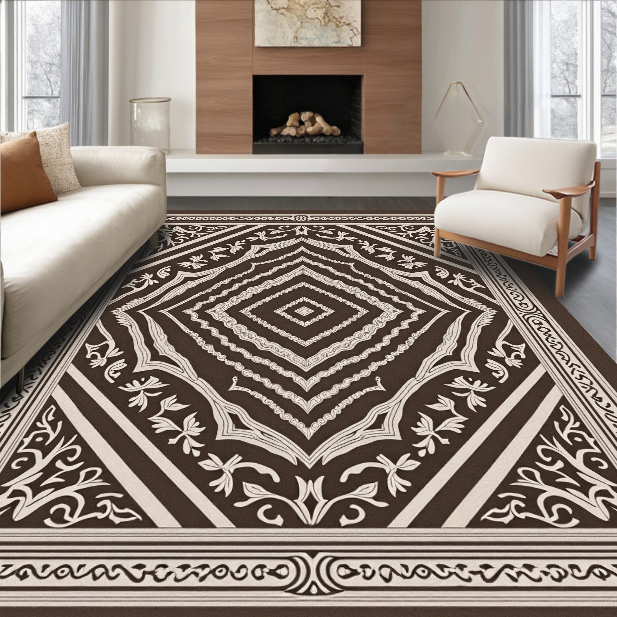 Classic Brown Cream Diamond Floral Rug