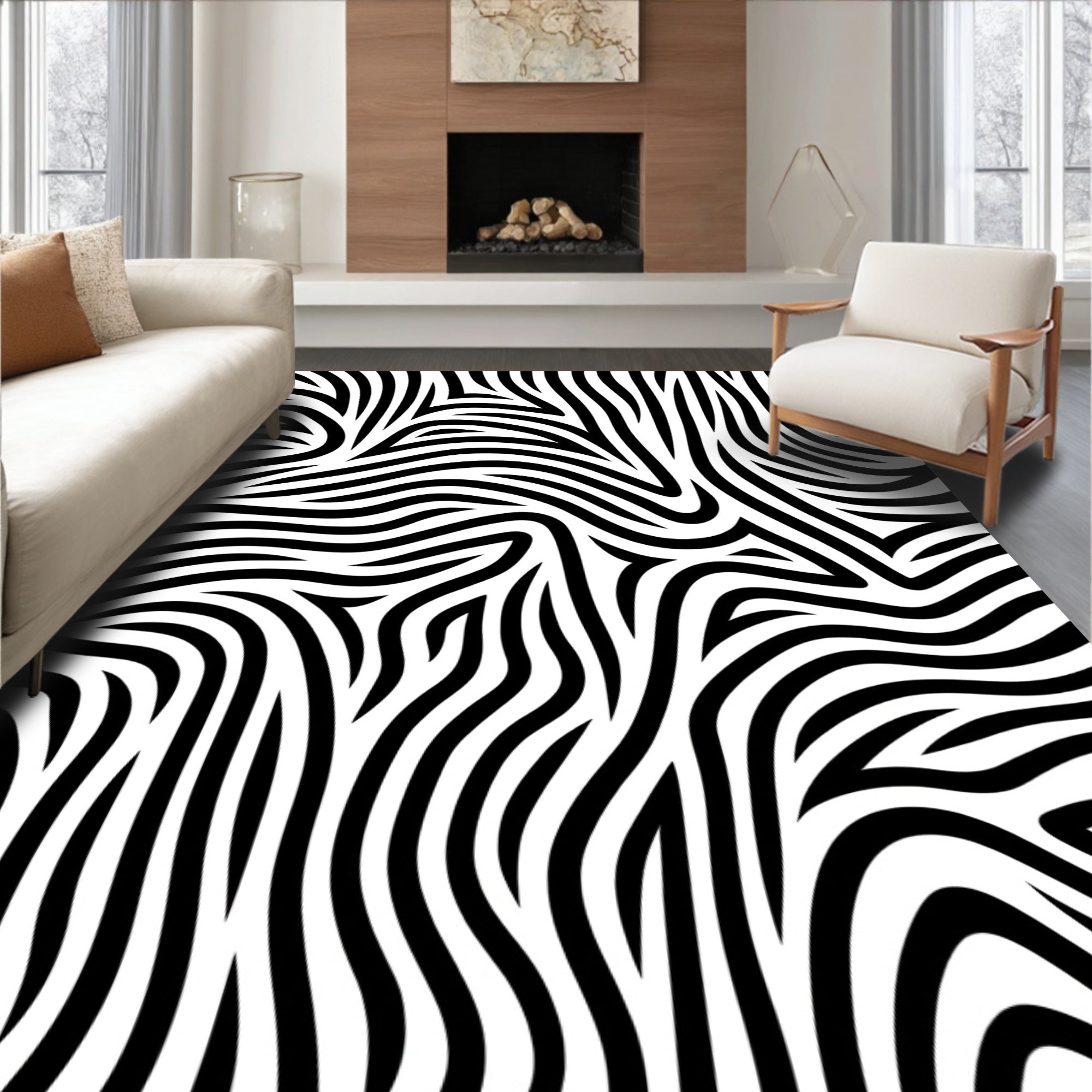 Bold Black White Swirling Lines Rug