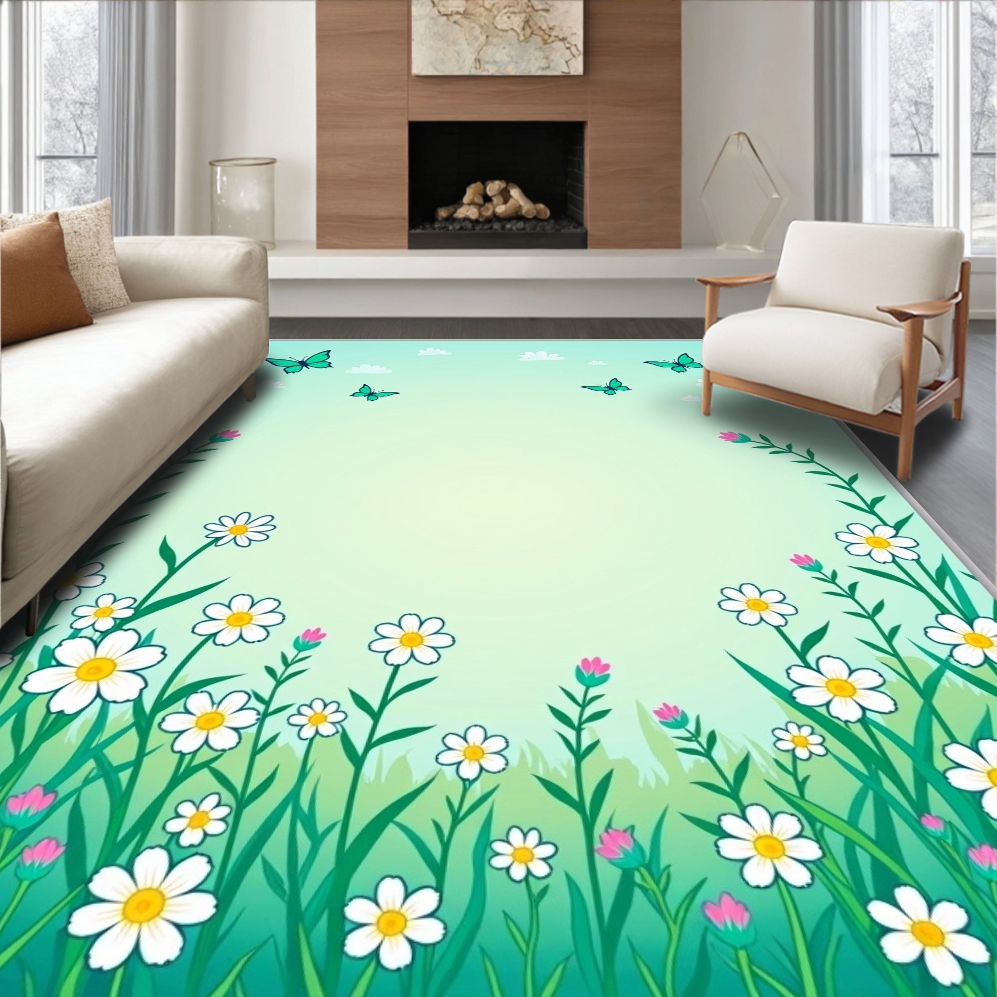 Spring Meadow Floral Butterfly Design Rug