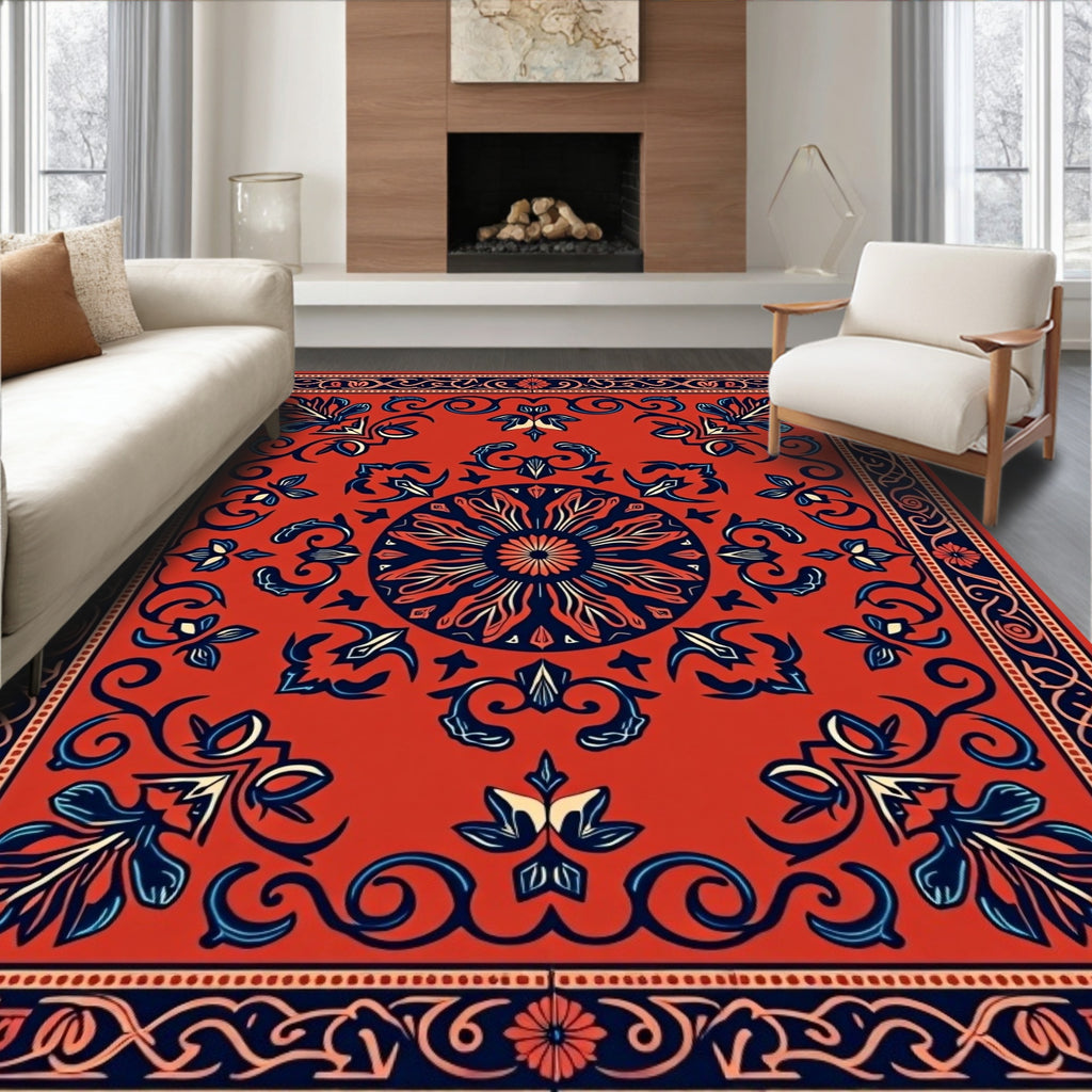 Ornate Floral Scrollwork Red Rug