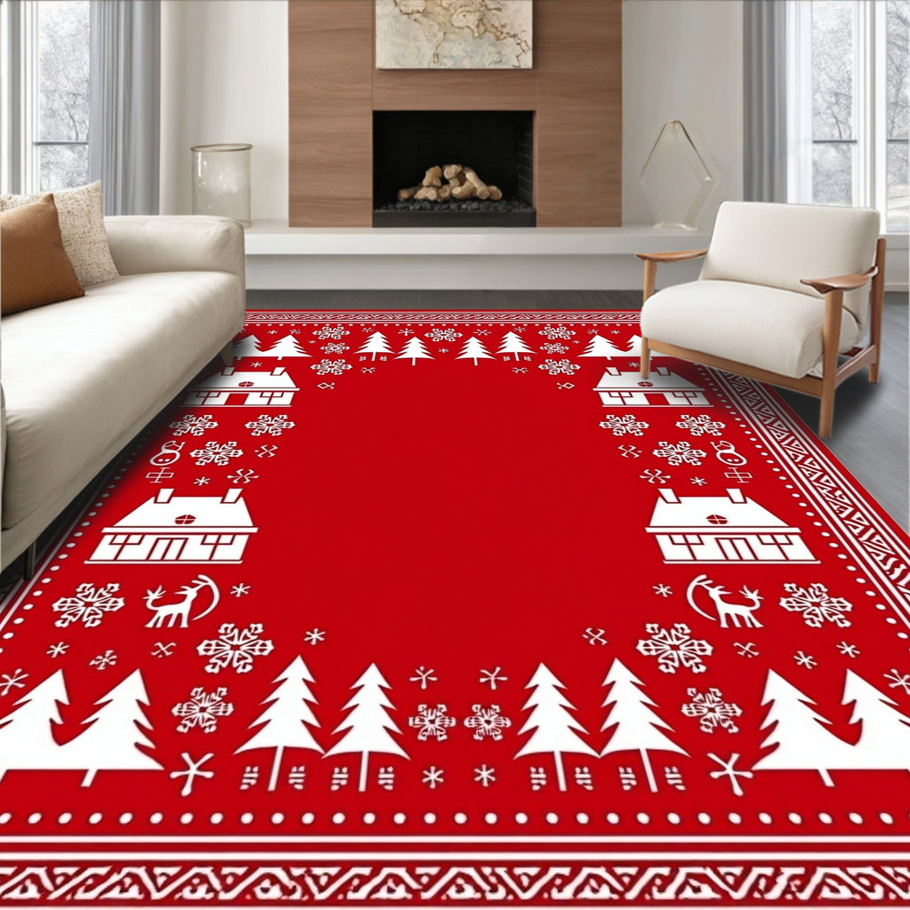 Festive Red Winter Wonderland Scene Rug