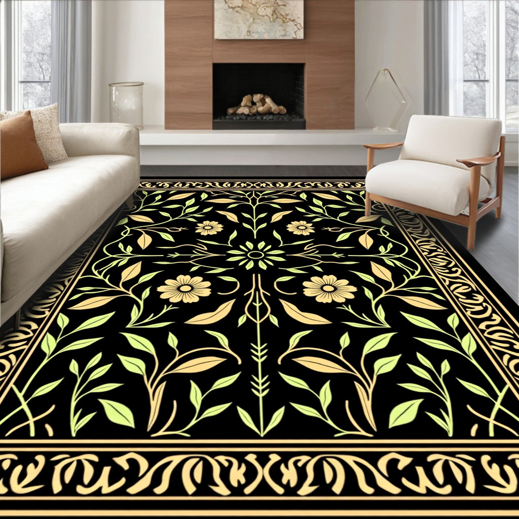 Golden Floral Vines On Black Design Rug
