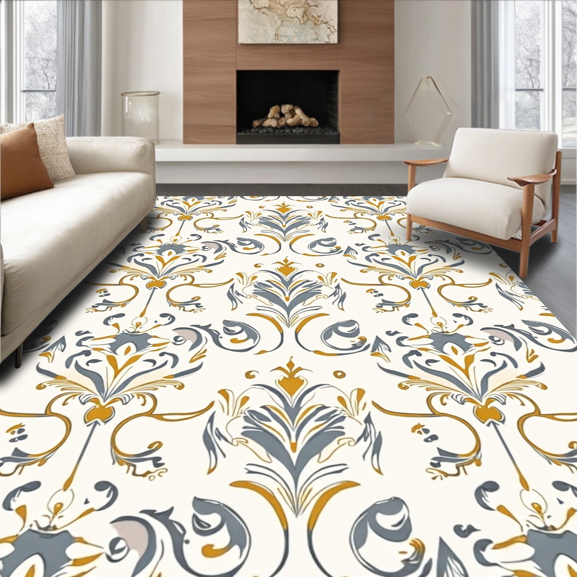 Golden Gray Floral Damask Pattern Rug