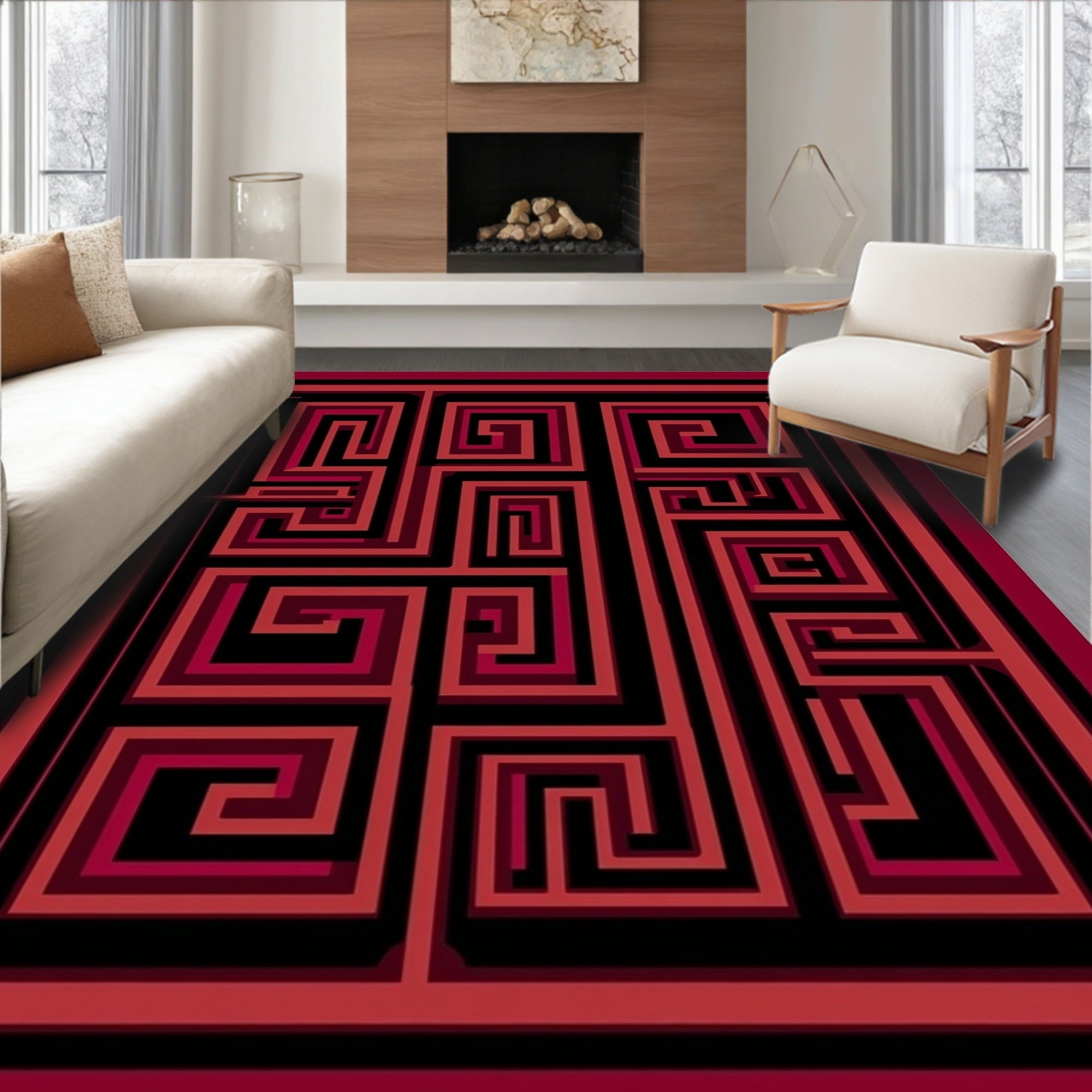 Bold Red Black Maze Pattern Rug