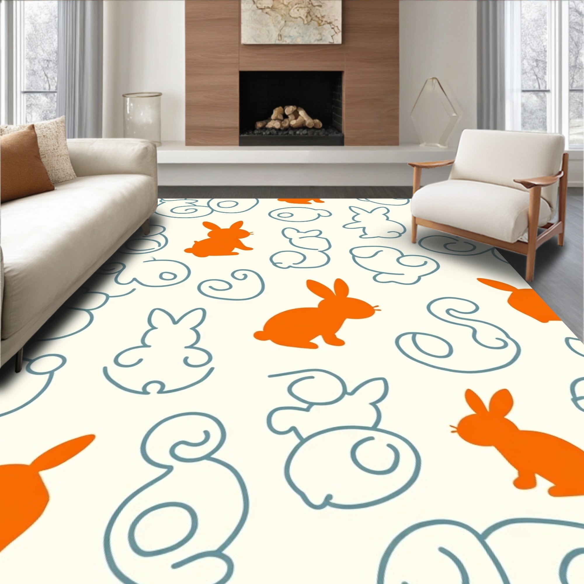 Orange Bunny Line Art Pattern Rug