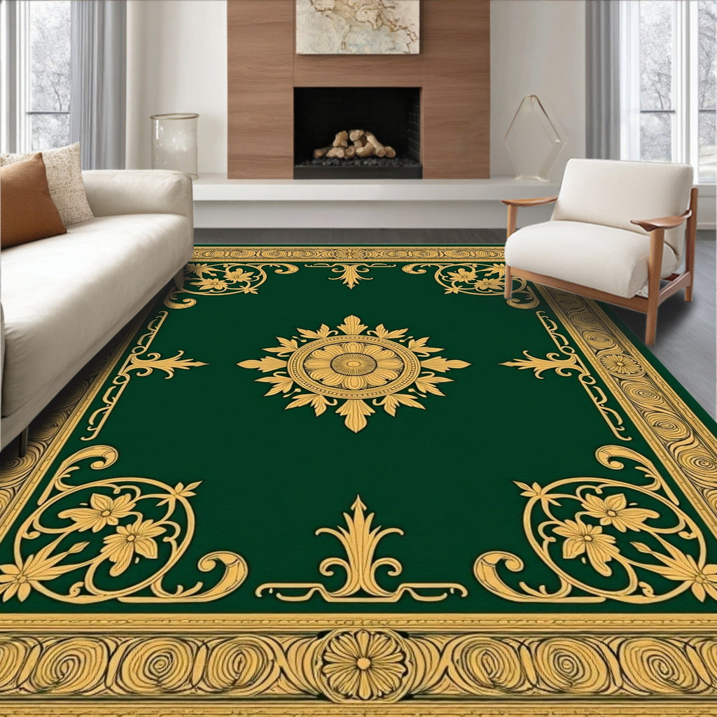 Ornate Floral Emblem Green Gold Rug