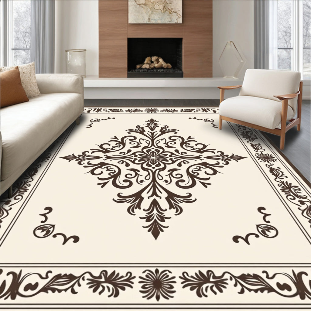 Ornate Brown Cream Floral Medallion Rug