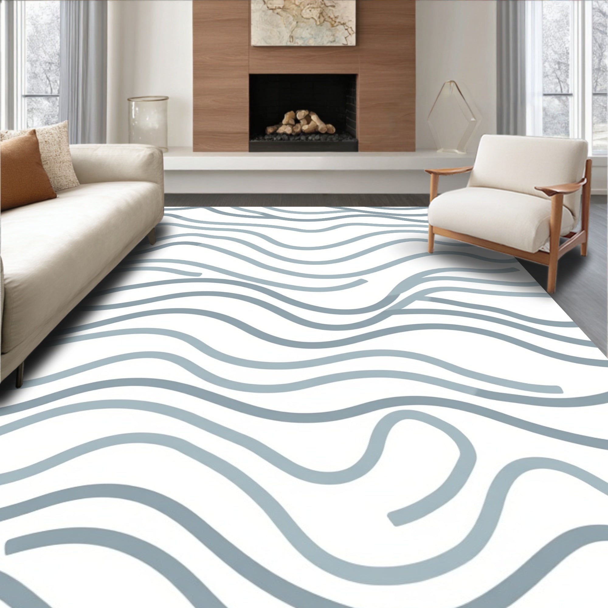 Abstract Wavy Blue Lines Design Rug