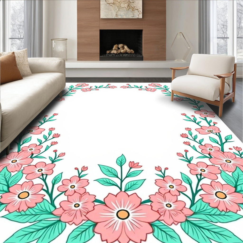 Whimsical Floral Branches Pink Teal Rug