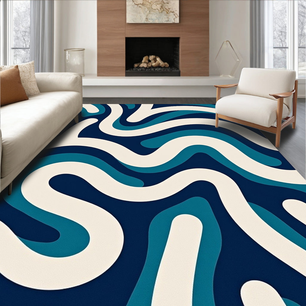 Deep Blue Abstract Swirl Pattern Rug