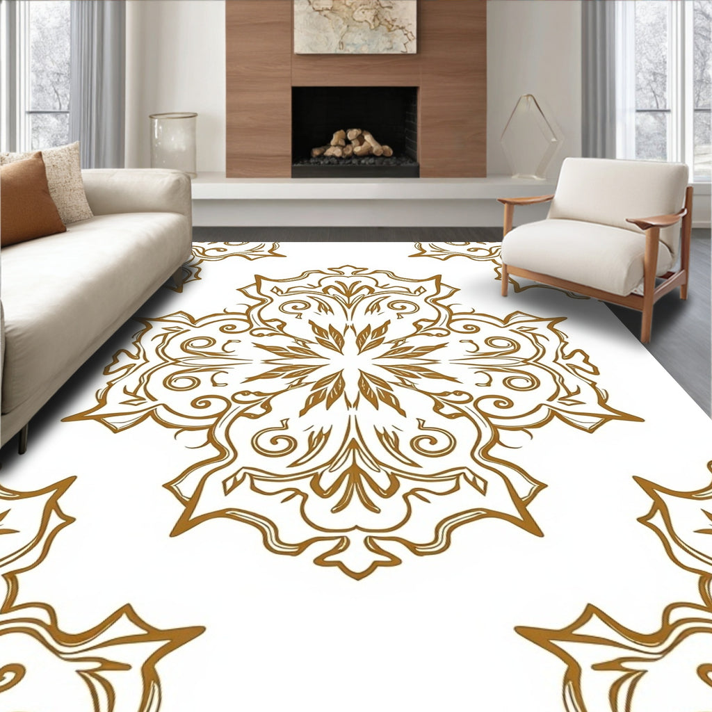 Ornate Gold Mandala Pattern Rug