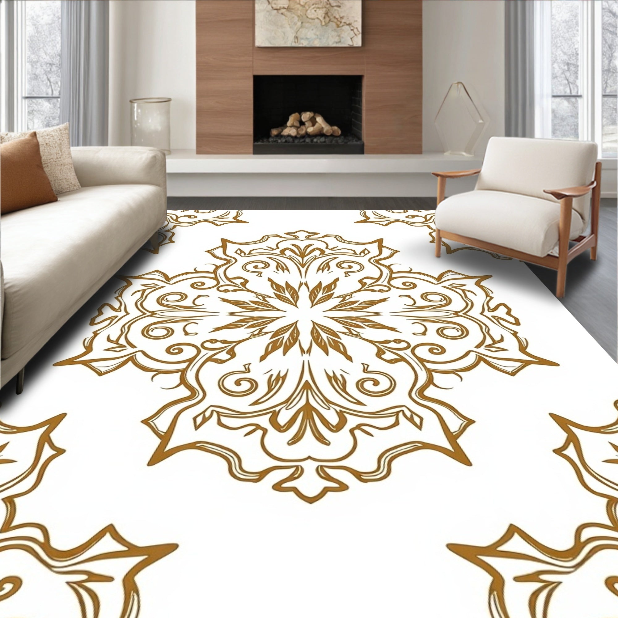 Ornate Gold Mandala Pattern Rug
