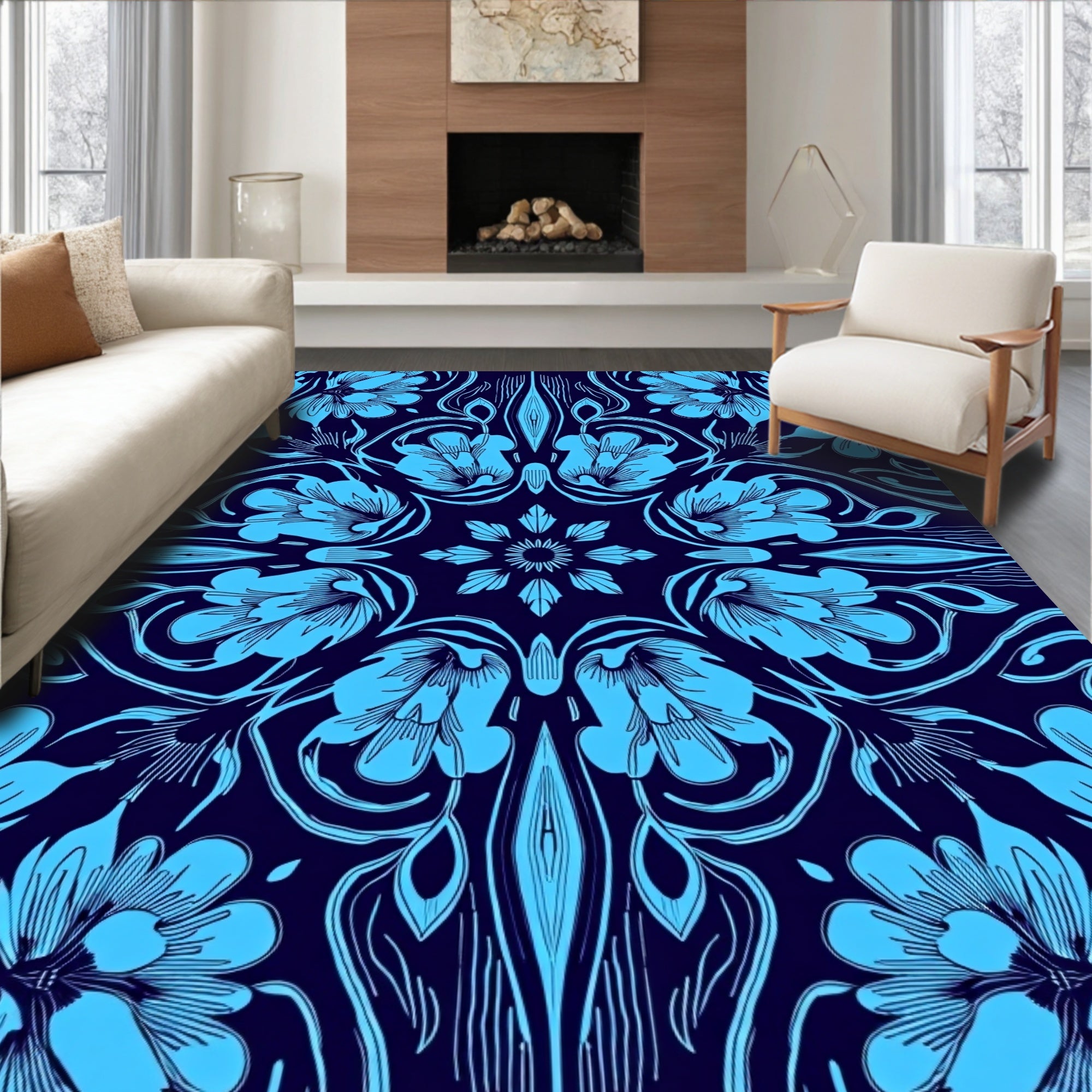 Symmetrical Sky Blue Floral Art Nouveau Pattern Rug