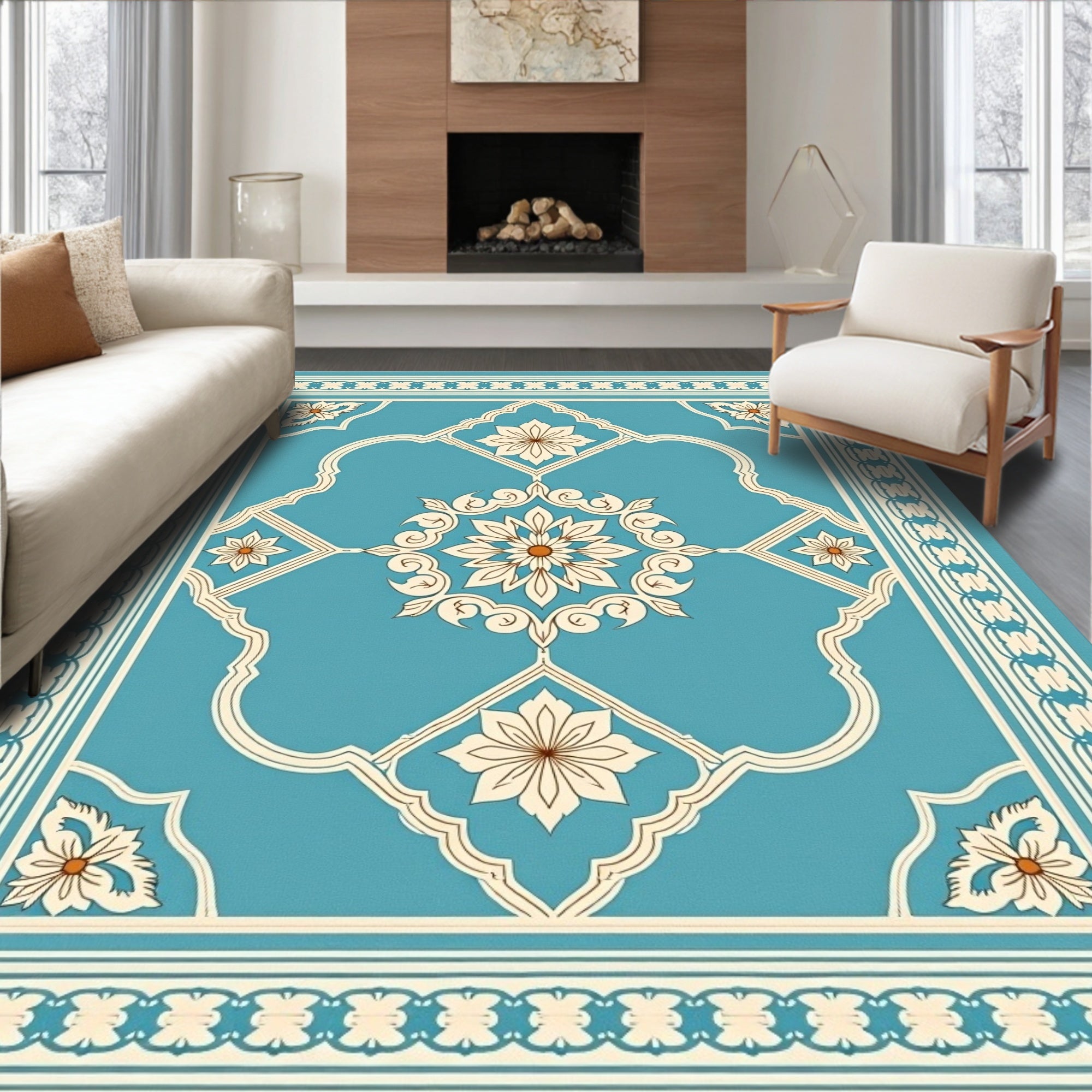 Ornate Floral Medallion Tealand Cream Rug