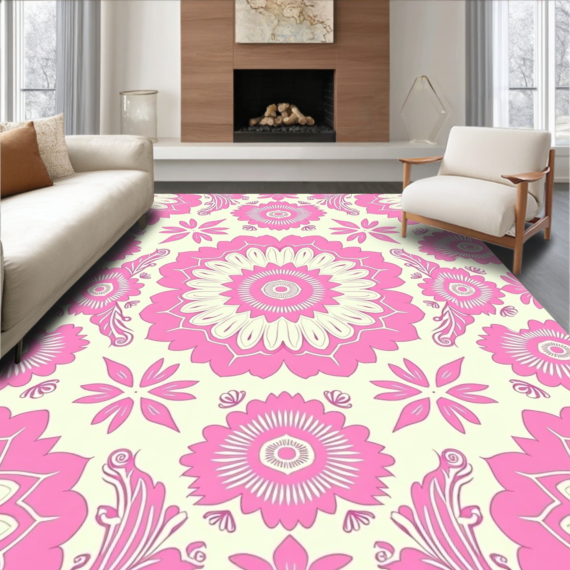 Pink Floral Kaleidoscope Mandala Rug
