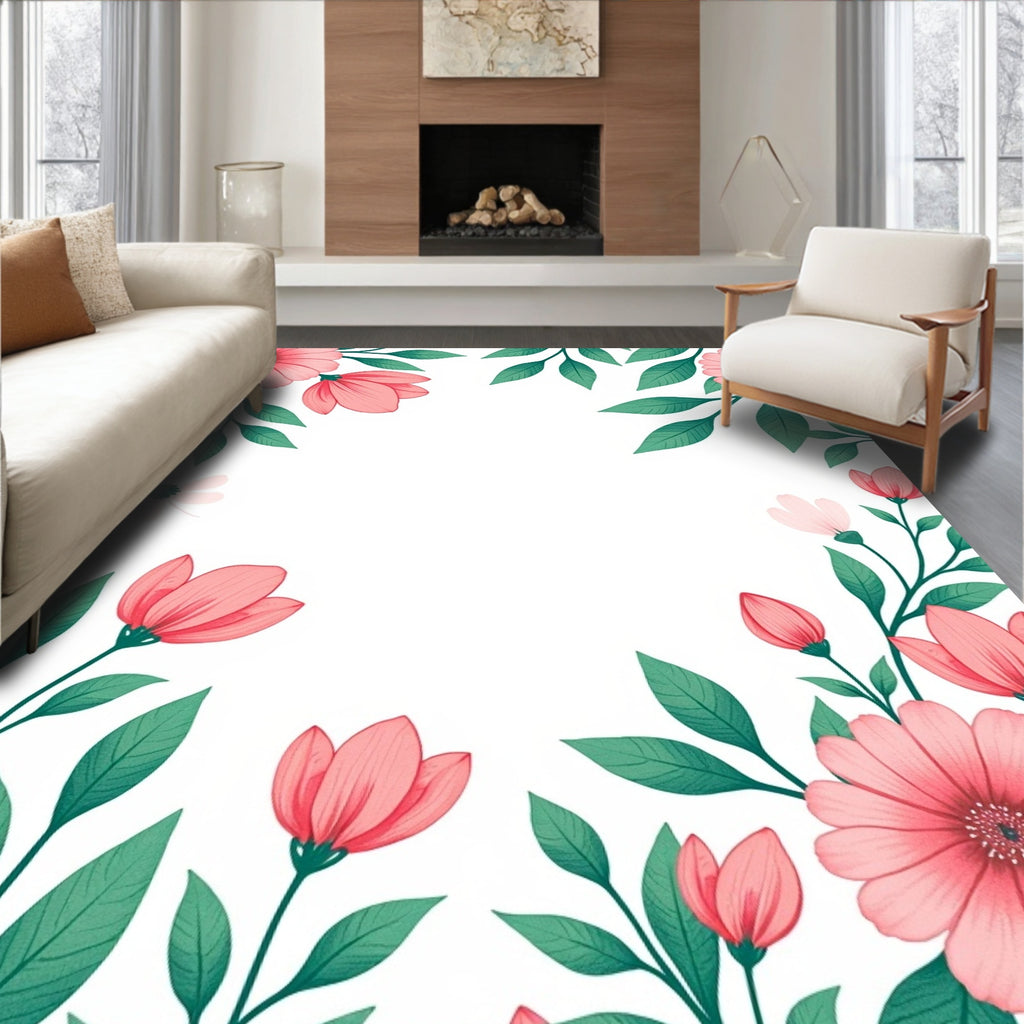 Coral Floral Botanical Pattern Rug