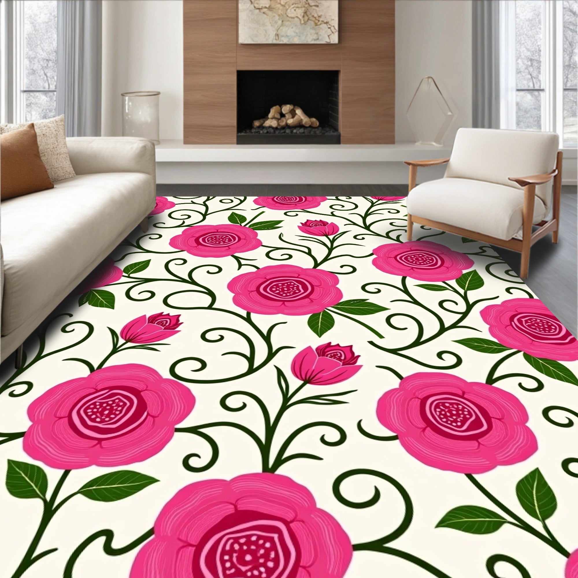 Vibrant Pink Floral Vine Pattern Rug