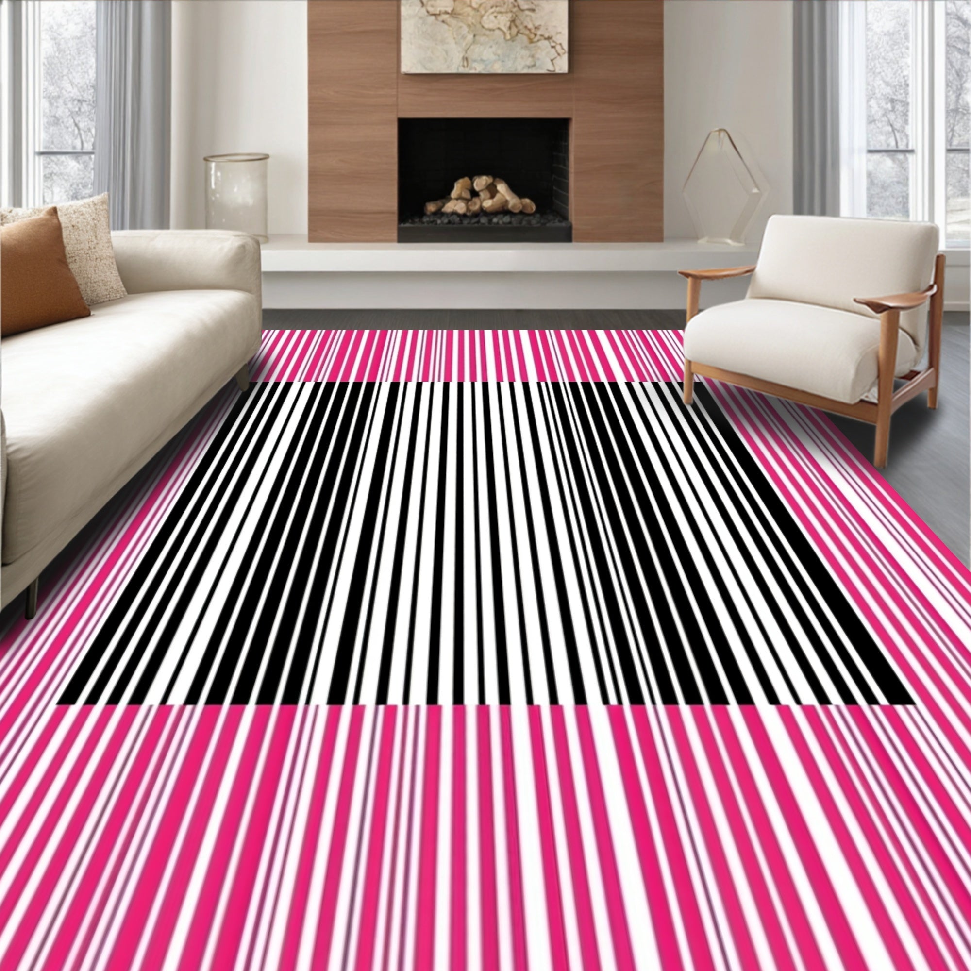 Bold Pink Black Barcode Stripe Rug