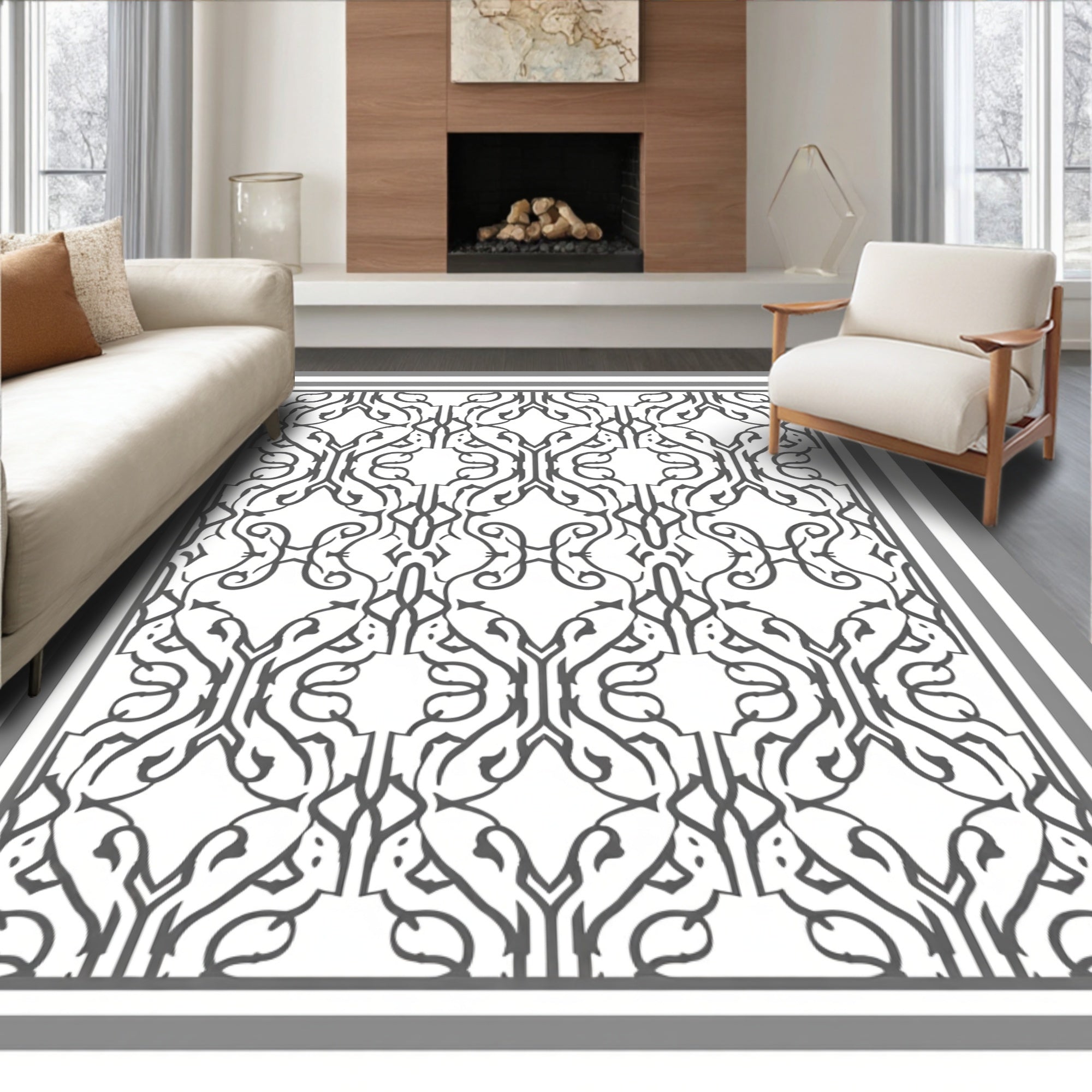 Ornate Scrollwork Black White Design Rug