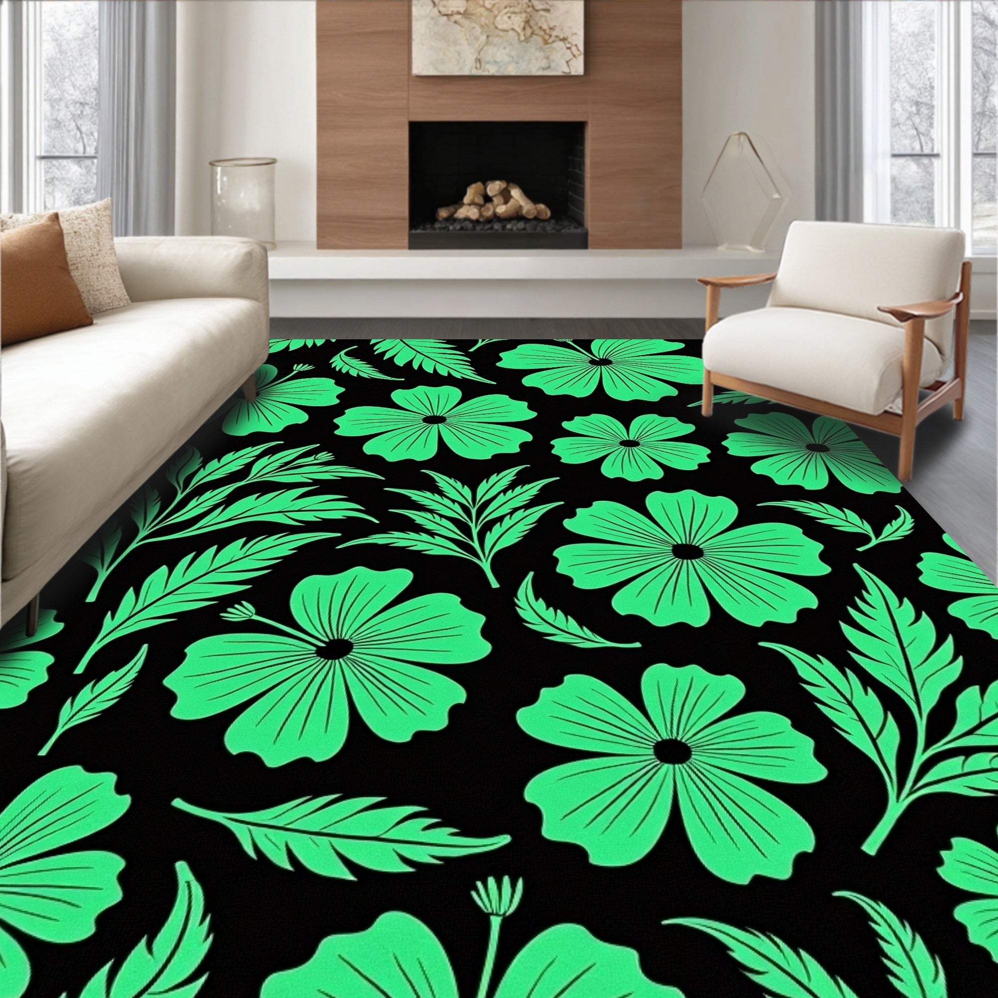 Vibrant Green Floral Pattern Rug