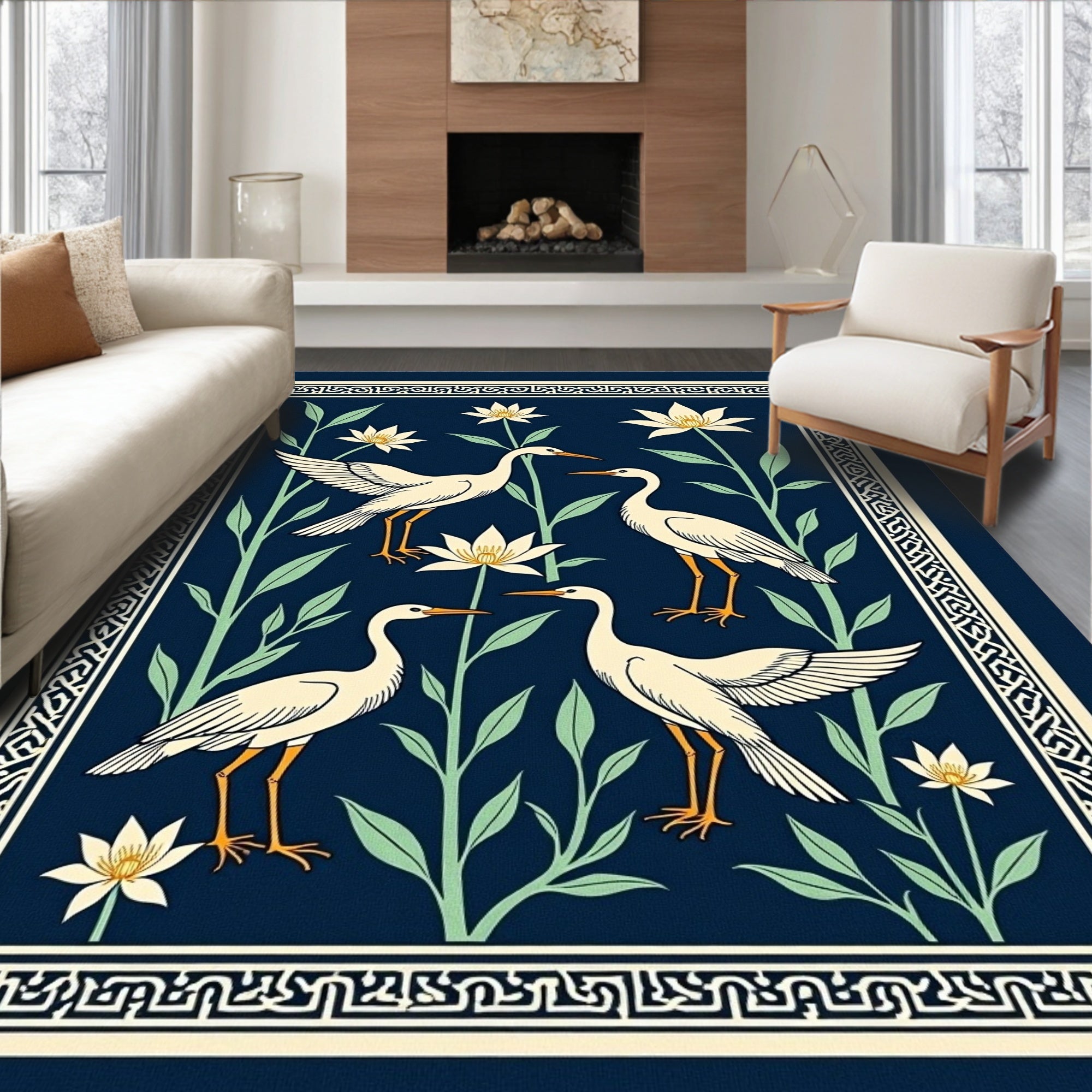 Elegant Heron Floral Patterned Rug