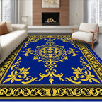 Ornate Golden Blue Floral Scroll Pattern Rug