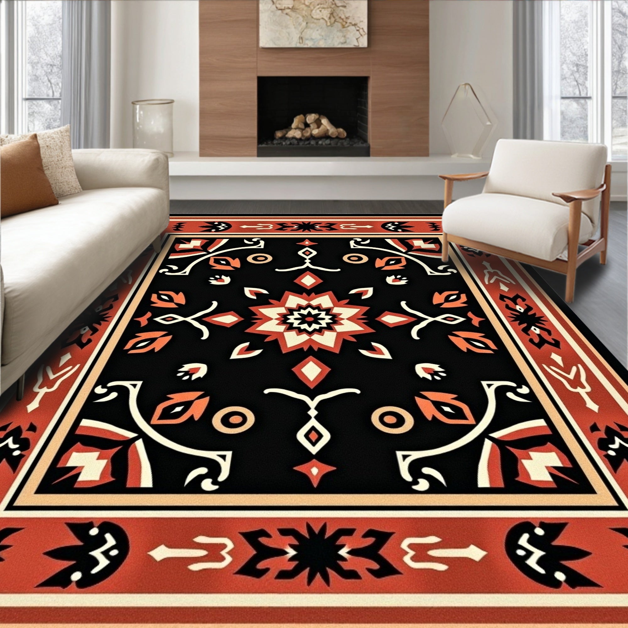 Ornate Black Geometric Floral Pattern Rug