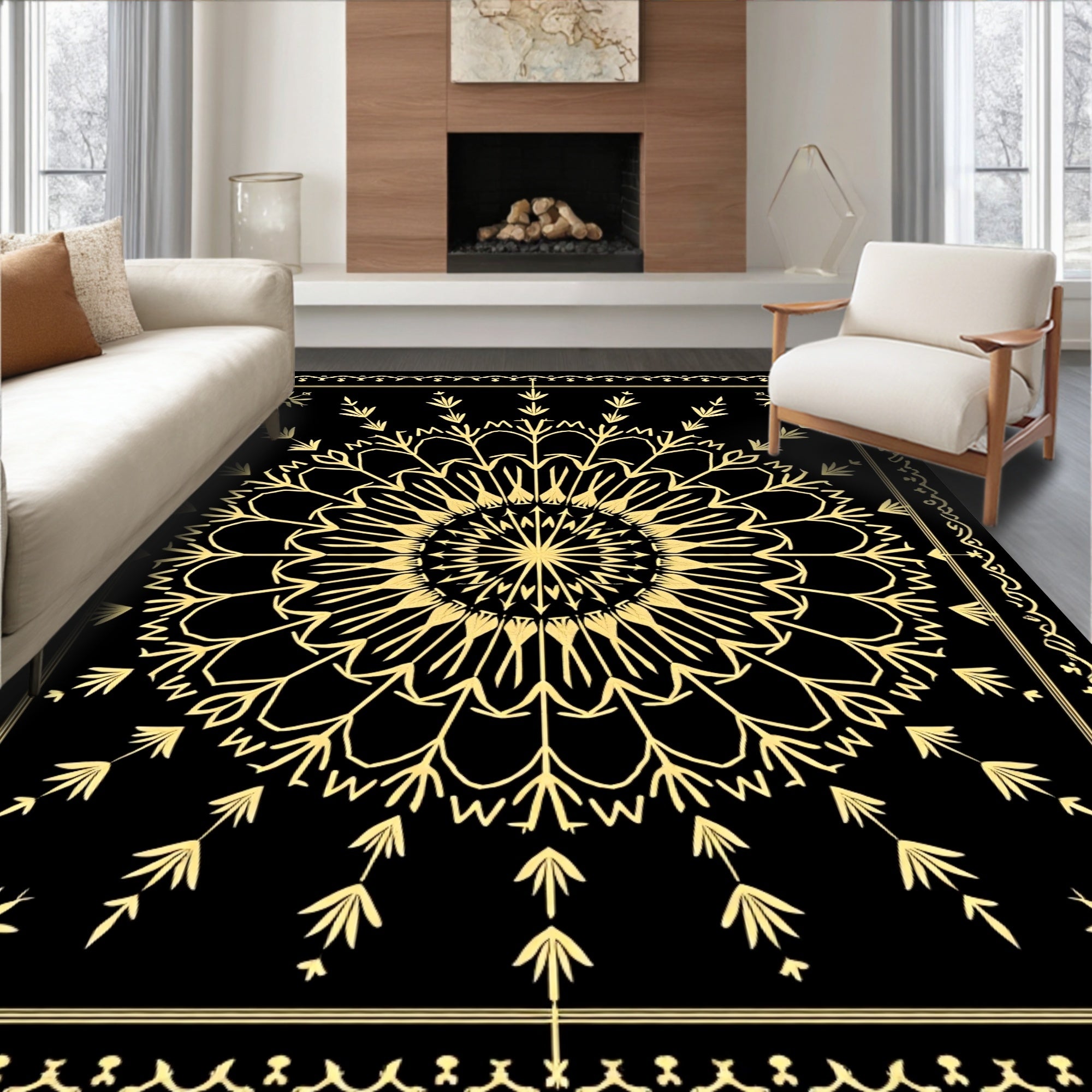 Golden Black Mandala Floral Border Rug