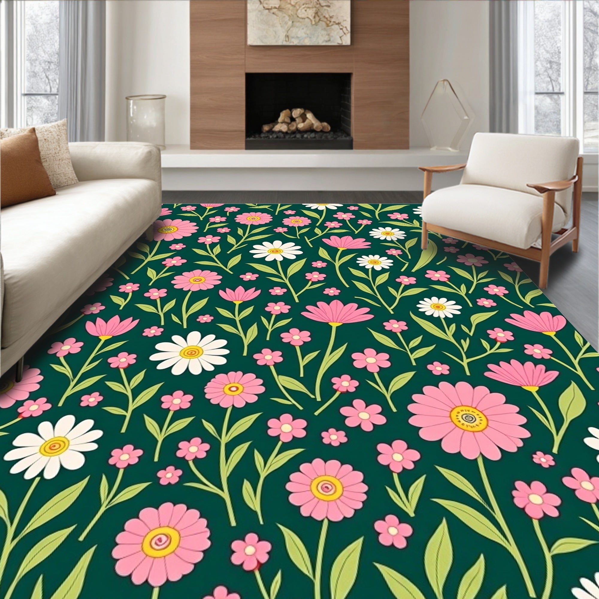 Pink White Wildflower Pattern Rug
