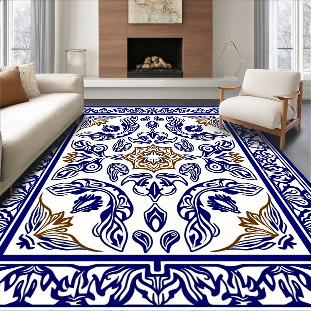 Intricate Blue Brown Floral Medallion Design Rug