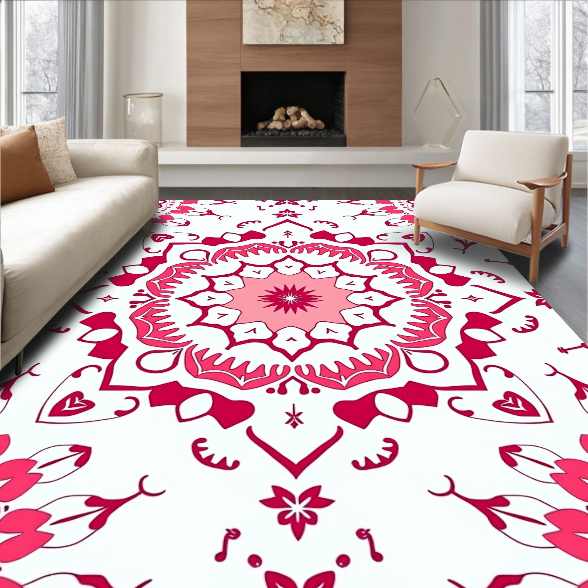 Fuchsia Floral Symmetry Mandala Design Rug