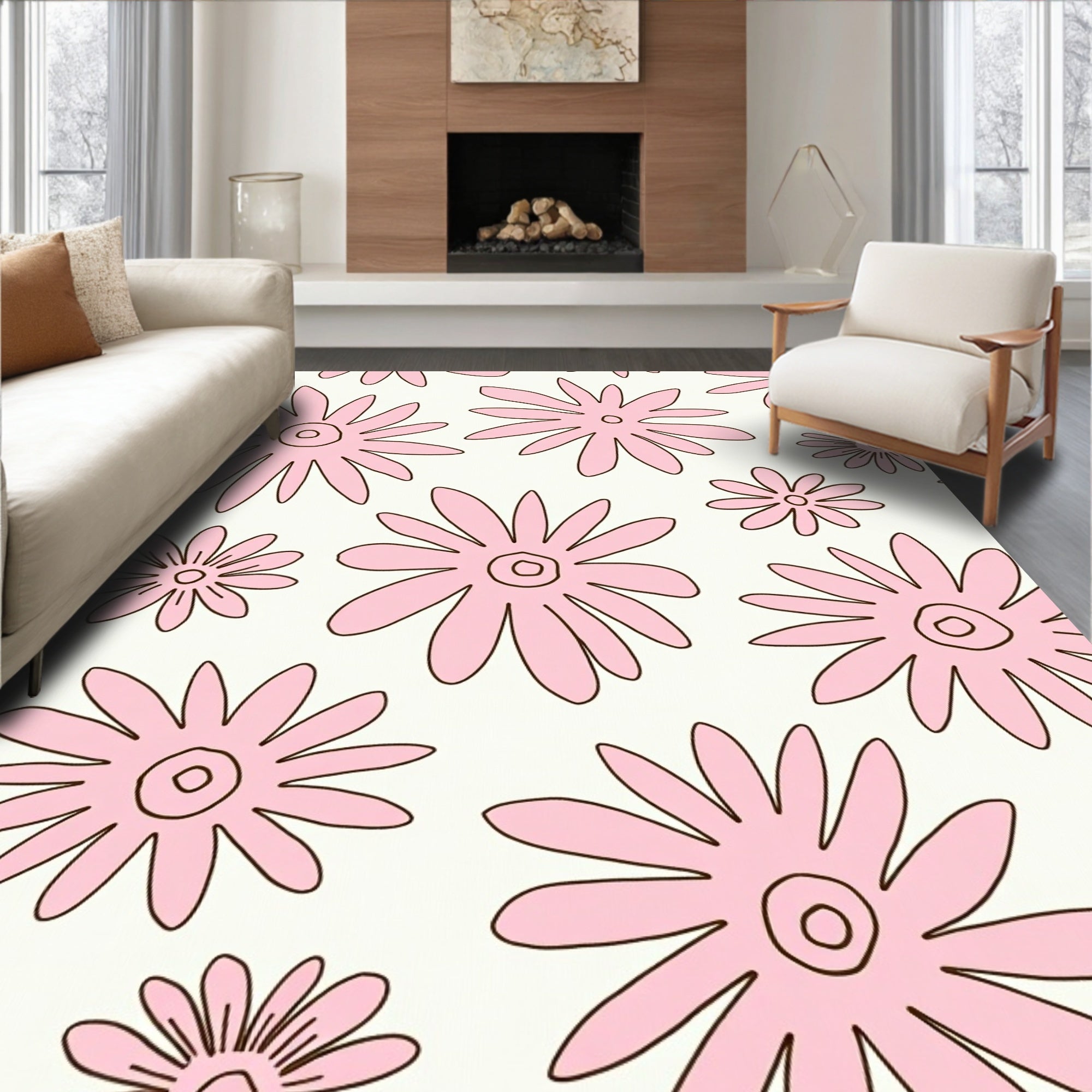 Pink Daisy Floral Pattern Rug