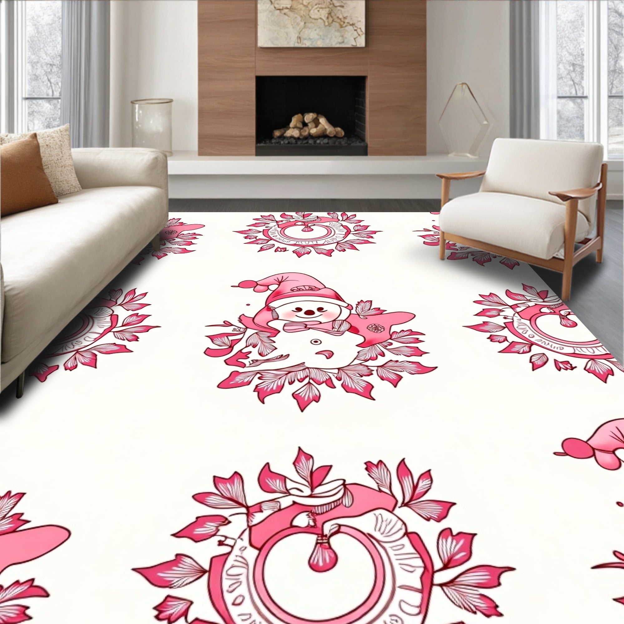 Pink Cartoon Snowman Foliage Medallion Rug