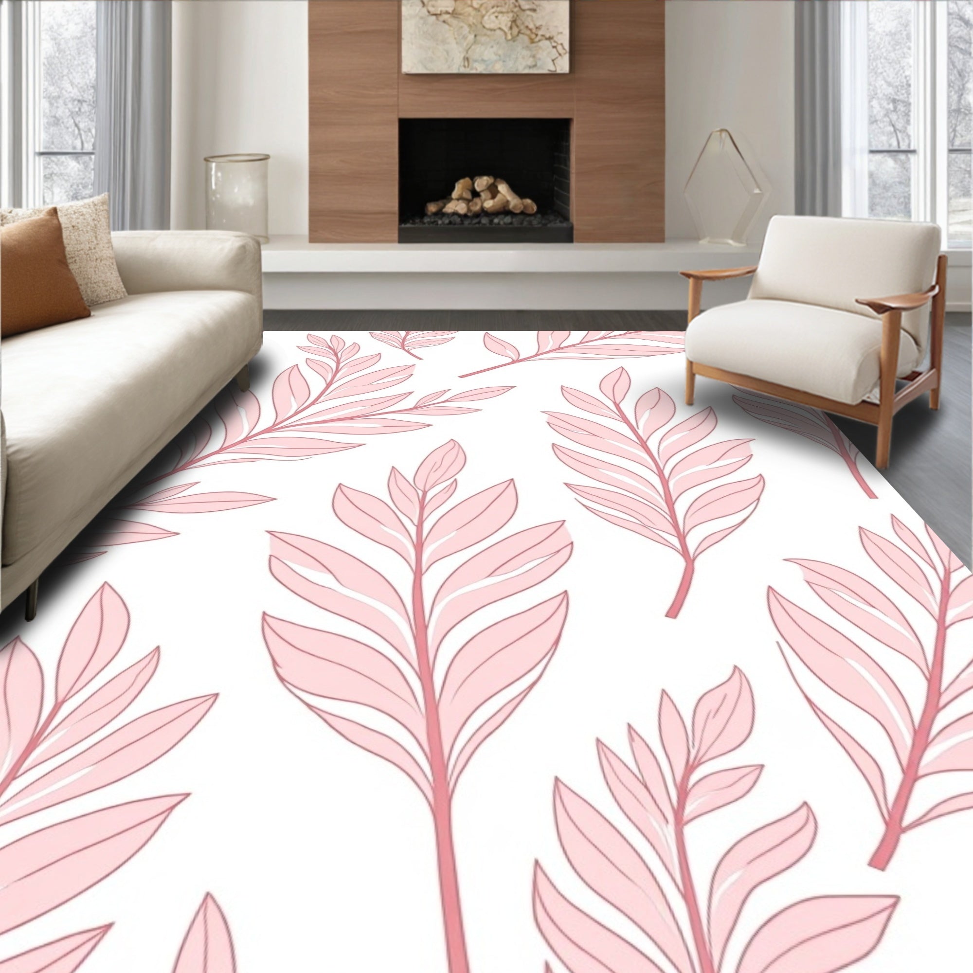 Pink Leafy Branch Pattern Rug