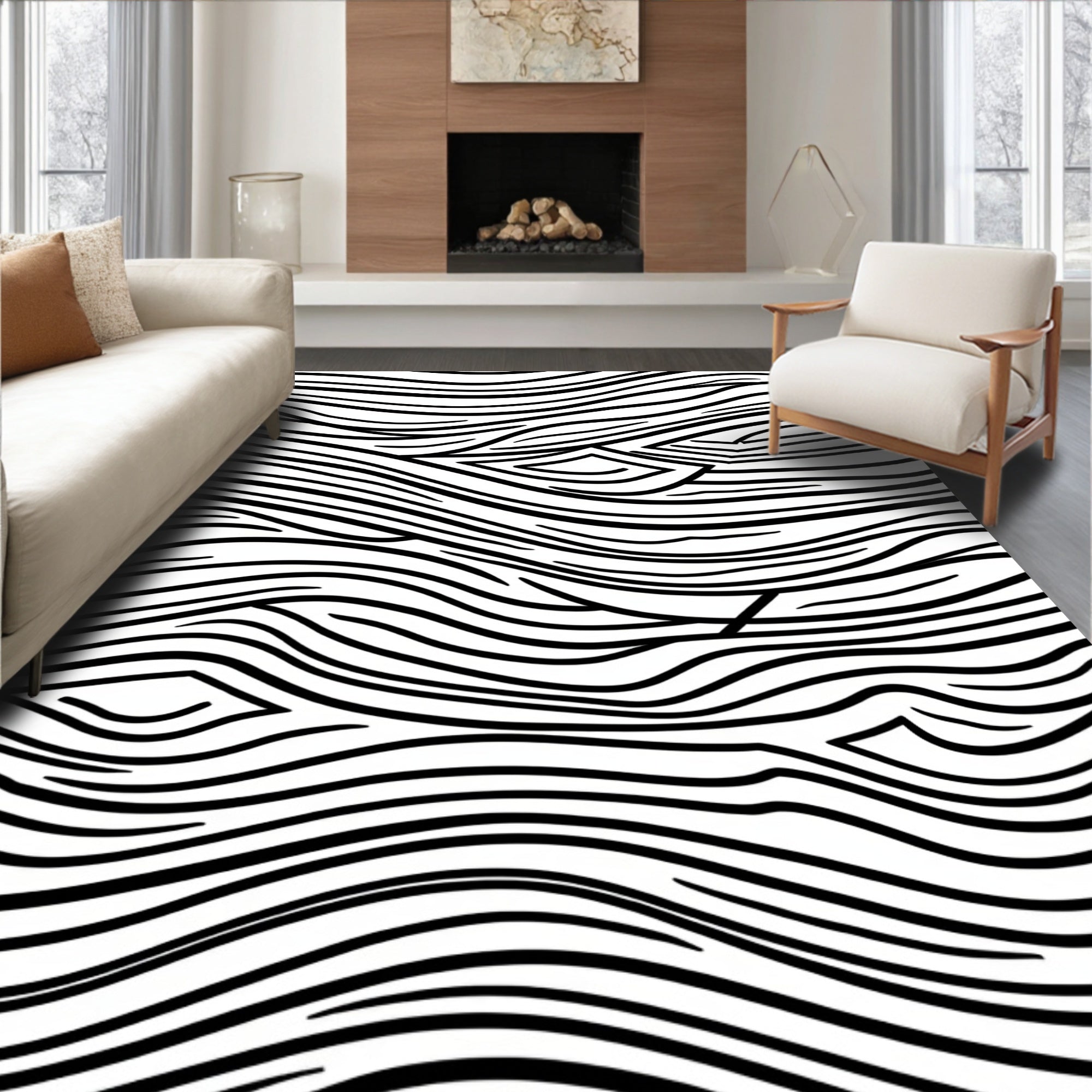 Abstract Wavy Black White Pattern Rug