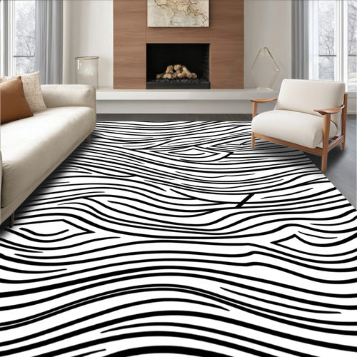 Abstract Wavy Black White Pattern Rug