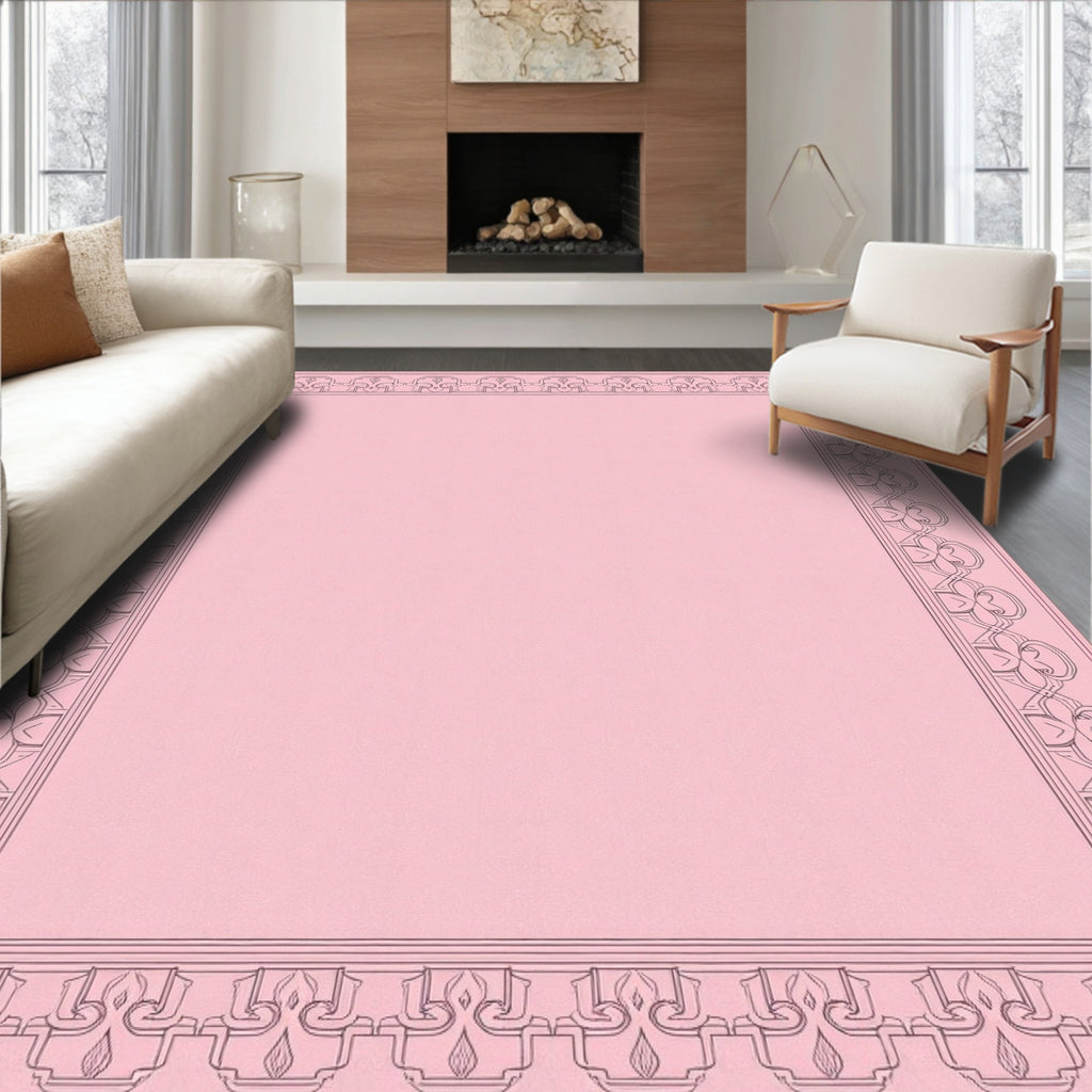 Pink Ornate Floral Border Design Rug