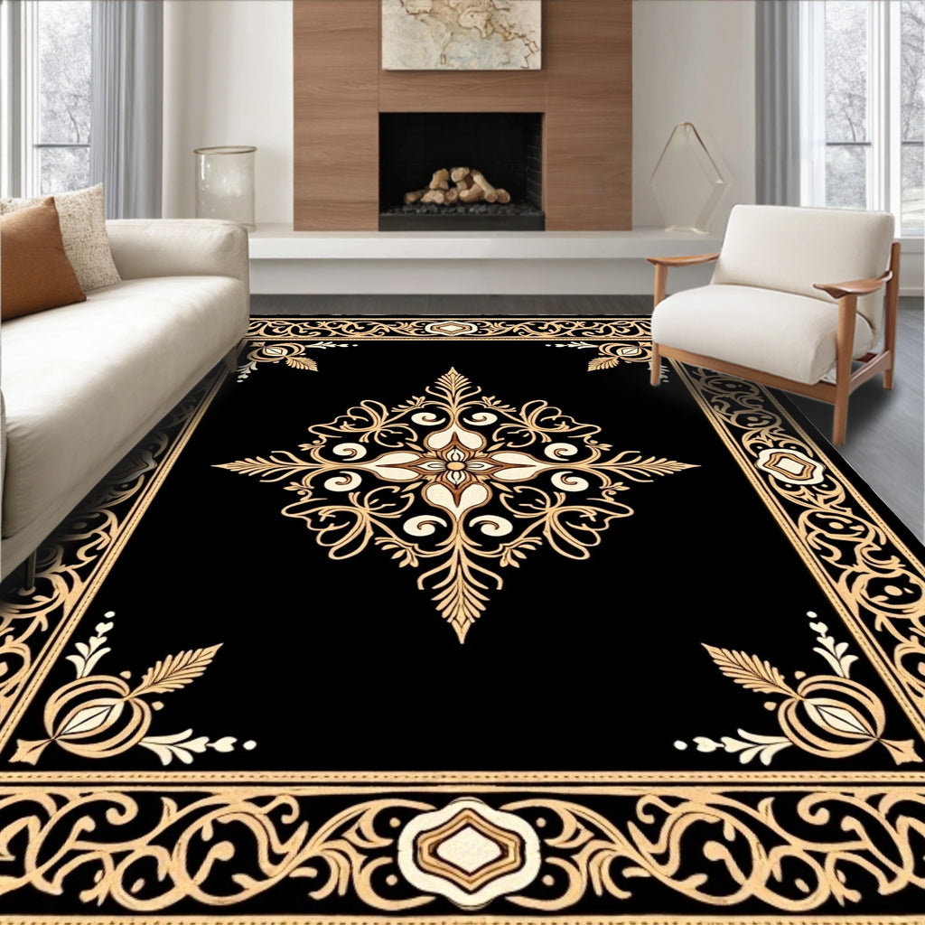 Intricate Black Gold Floral Border Rug