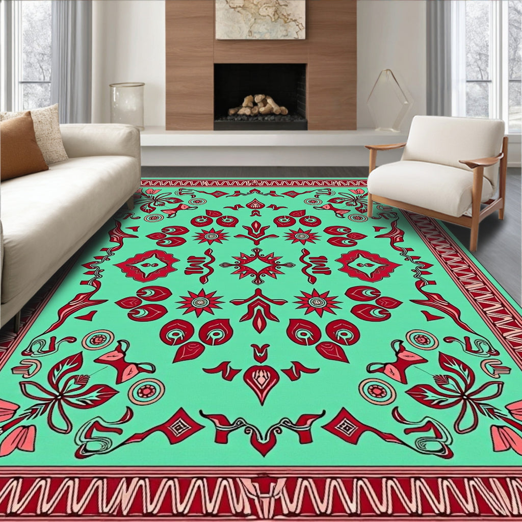 Aqua And Red Floral Mandala Design Rug