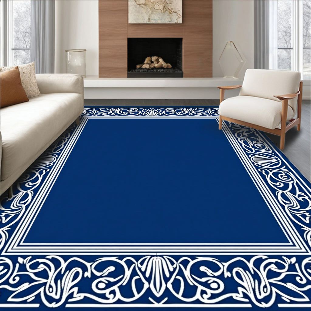 Ornate White Floral Border Design Rug
